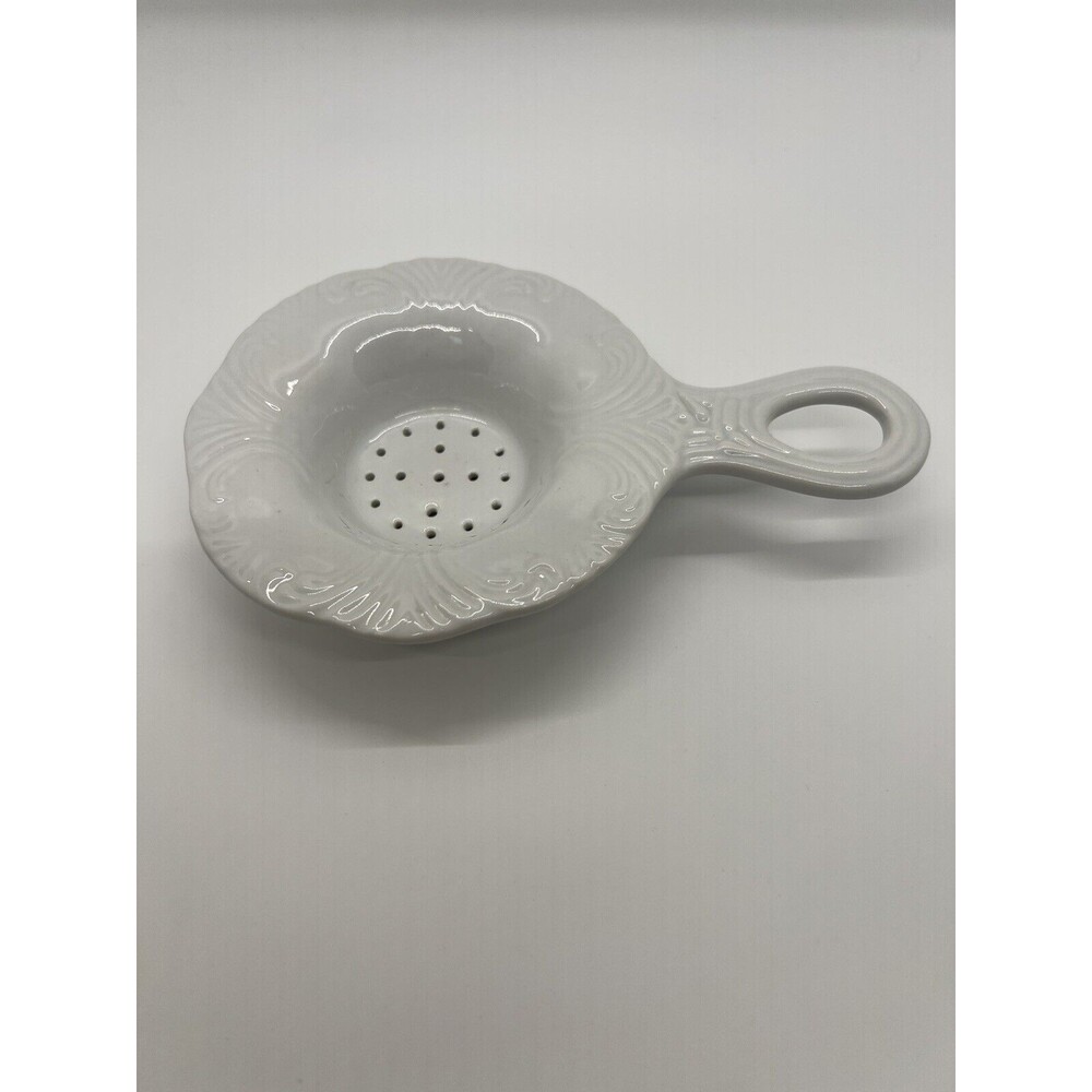 Vintage Tea Strainer Embossed White Porcelain